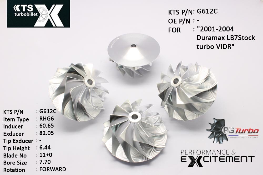 Turbo ROUE FORGÉE MFS PERFORMANCE - 11+0 PALES - INDUCER : 60,65 - EXDUCER : 82,05 - TYPE : RHG6ANGLE : 60° - ROTATION : Forward - SUPER BACK : 5,36 - BORE SIZE : 7,7
